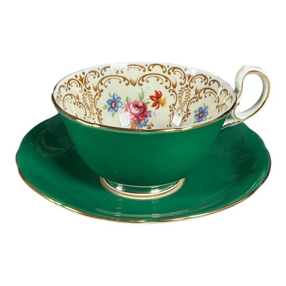 Vintage AYNSLEY Tea Cup & Saucer Set Bone China Vibrant Green Floral Bouquet - Picture 2 of 10